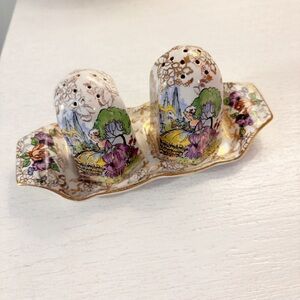 Vintage LORD NELSON WARE POMPADOUR Gold Chintz Lady Salt Pepper Shakers & Tray